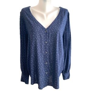 Susina button blue v-neck balloon sleeve white floral blouse top NWT size LP